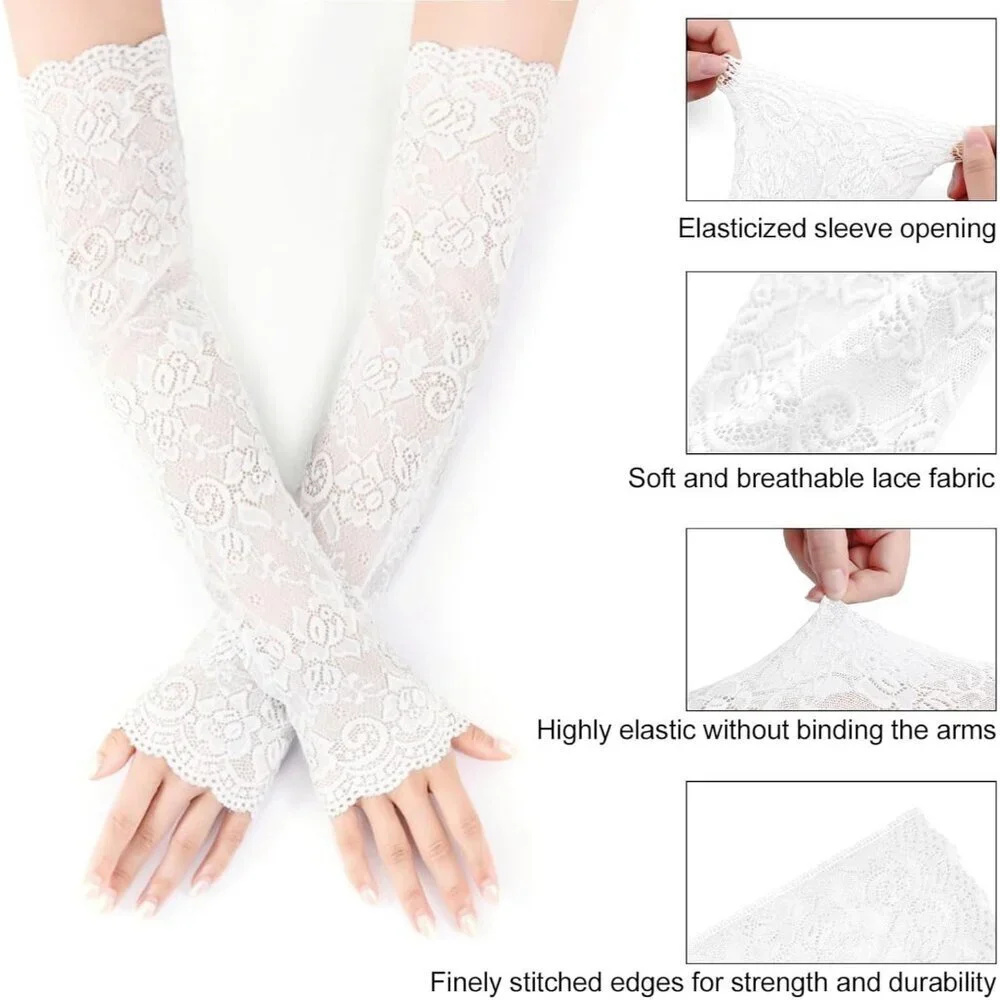 Women's 1 White Fingerless Lace Arm Sleeves Gloves Wedding Dress Party Prom